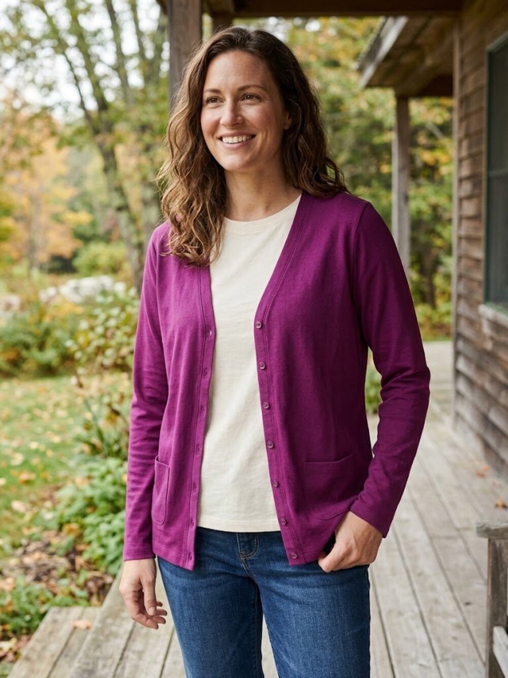 L.L. Bean V-Neck Button Front Cardigan Sweater with Patch Pockets in Fuschia
